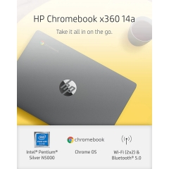 HP Chromebook x360 14a 2 合 1 笔记本电脑,Intel Pentium Silver N5000 处理器,4 GB RAM,64 GB eMMC,14 英寸高清显示屏,Chrome OS,带网络摄像头和双麦克风